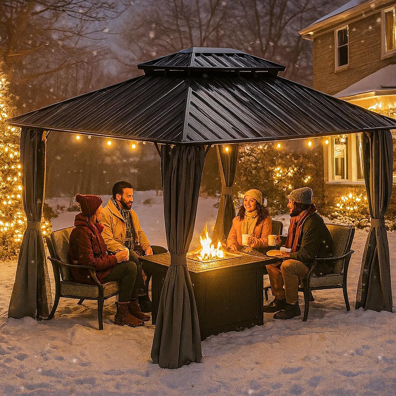 10x10 Hardtop Aluminum Gazebo, Outdoor Metal Gazebo with Netting & Curtains - Heavy Duty Iron Roof for Patios, Waterproof & Snow Load Resistant (Double Hardtop with Curtain & Netting)