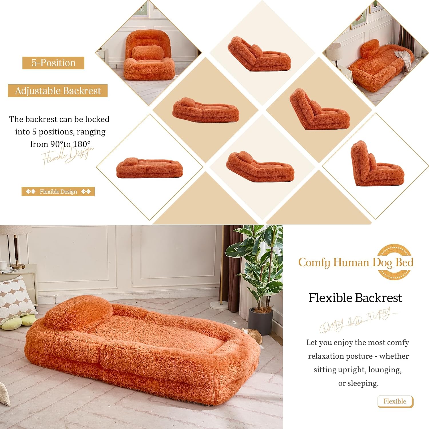Adjustable Plush Human Dog Bed Lounger for Adult, 5-Position Foldable Lazy Lounge Sofa, Large Size Bean Bag Chair with Pillow, Folding Floor Chair for Living Room, Bedroom, Gaming Room, Orange