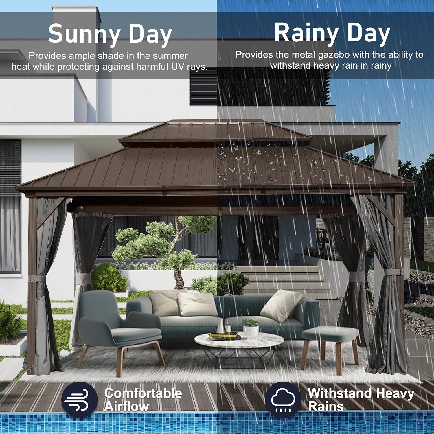 Domi Hardtop Gazebo 10x12FT, Aluminum Outdoor Gazebo with Galvanized Steel Double Roof Canopy, Curtains and Netting Included, Metal Gazebo Permanent Pavilion for Patio, Lawn, Garden, Brown