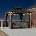 PURPLE LEAF 10' X 10' Hardtop Gazebo Outdoor Wood Grain Aluminum Frame Galvanized Steel Double Roof Gazebos with Lights for Patio Deck Backyard Garden