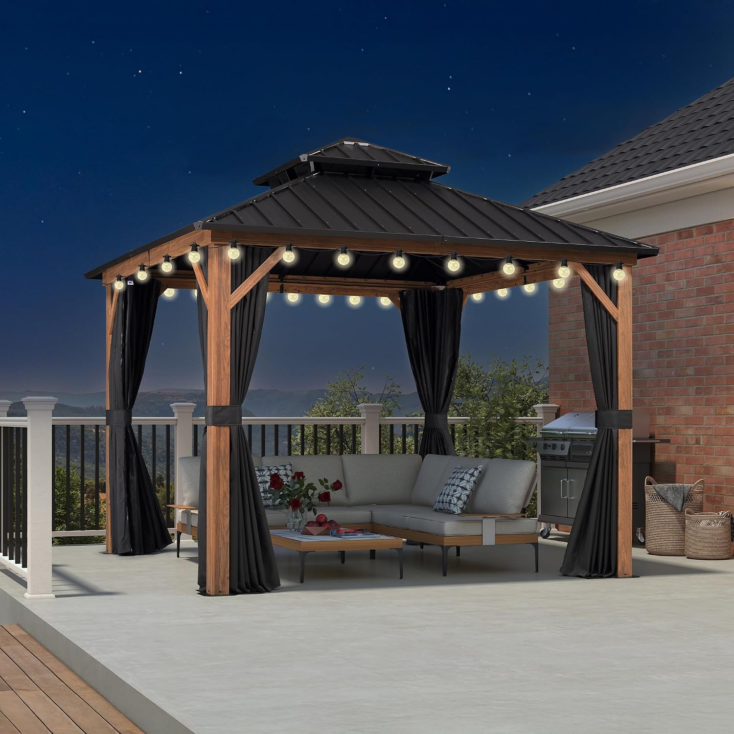PURPLE LEAF 10' X 10' Hardtop Gazebo Outdoor Wood Grain Aluminum Frame Galvanized Steel Double Roof Gazebos with Lights for Patio Deck Backyard Garden