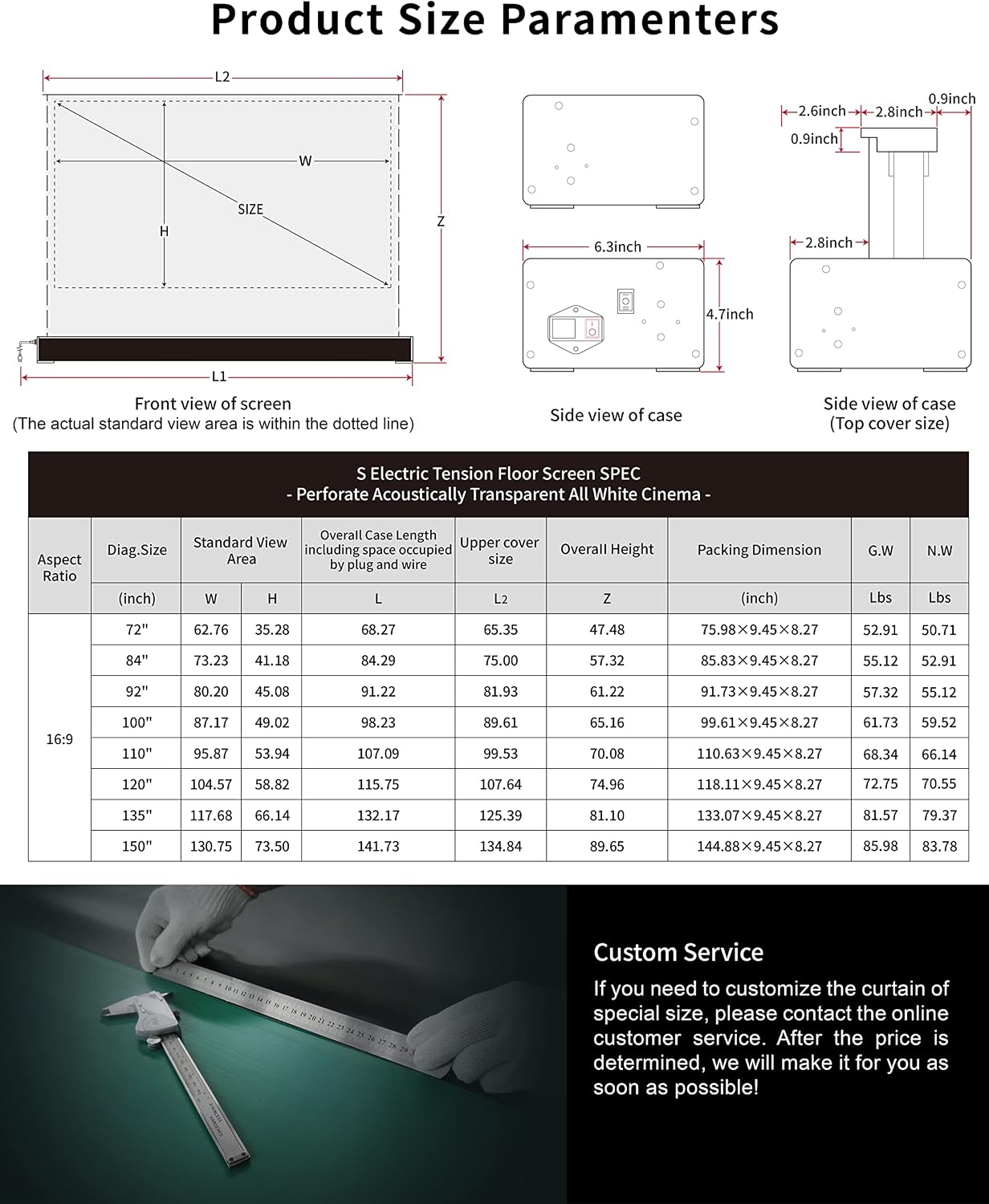 VIVIDSTORM-Screen Projector Motor Rollable Foldaway Portable Screen with White Cinema PVC, 4k 3D HD Gaming/Office Room,Compatible with Standard Projector,VWSDSTWA92H