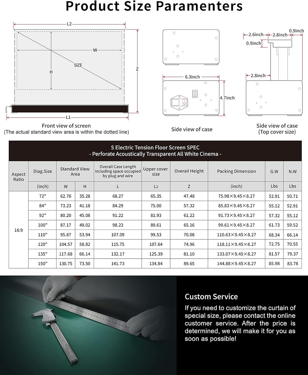 VIVIDSTORM-Screen Projector S 72 inch Motor Rollable Foldaway Portable Screen with All White Cinema, 4k 3D HD Gaming/Office Room,Compatible with Standard Projector,VWSDSTWA72H