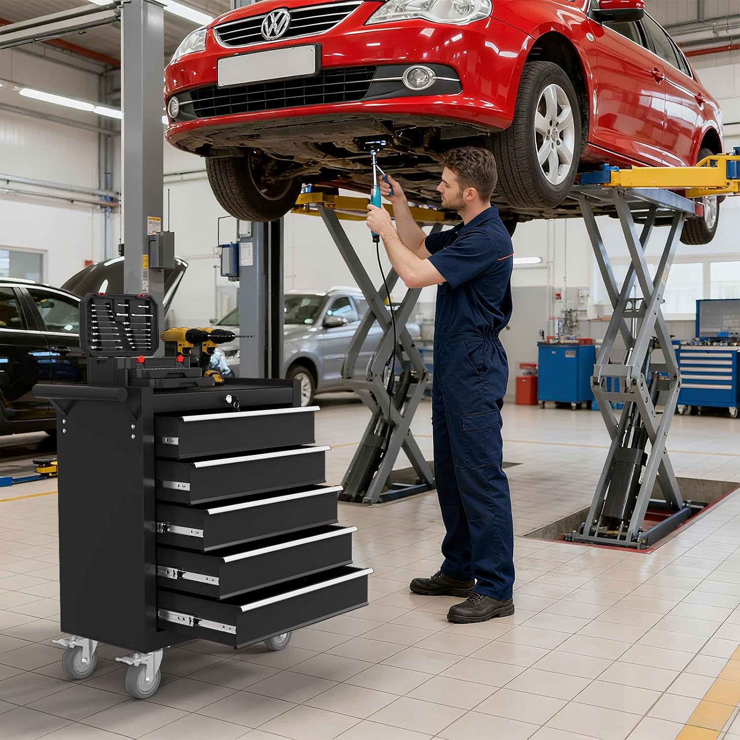 5-Drawer Tool Chest, Rolling Tool Box with Wheels, High Capacity Detachable Mobile Tool Storage Cabinet for Workshop, Garage, Mechanics and Repair Room (Black, 5-Drawer)