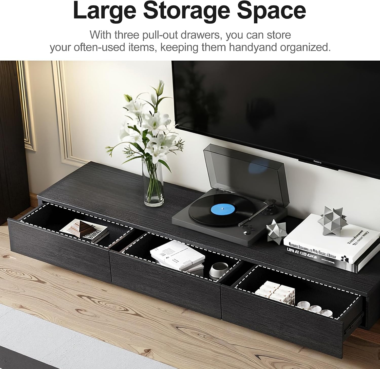 Telescoping TV Cabinet 70.9 to 110.2 Inch Entertainment Center Fits 85 Inch TV with 3 Drawer Media Cabinet Farmhouse Living Room Bedroom Organizer