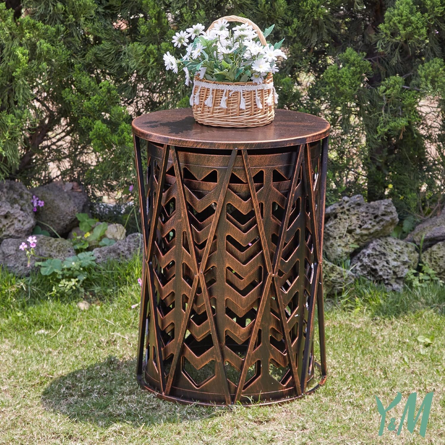 Y&M Set of 3 Black with Bronze End Tables, Nesting Metal Round Coffee Table, Heavy Duty Metal Plant Stand Garden Stool, Outdoor Multifunctional Use