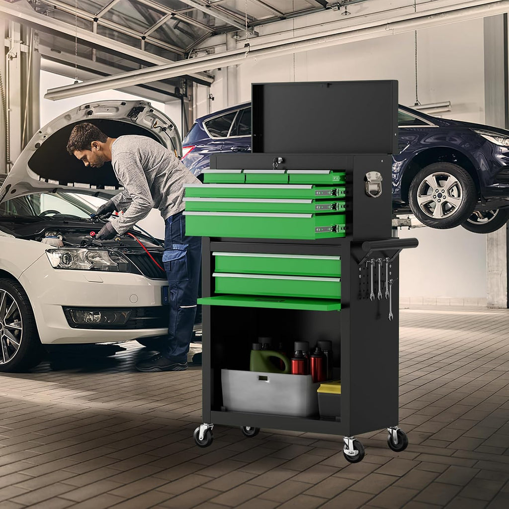 8-Drawer Rolling Tool Chest with Wheels, 2-in-1 Detachable Tool Box with Drawers and Large Cabinet, Rolling Tool Chest Storage Cabinet with Lockable for Warehouse, Garage, Workshop (BlackGreen)