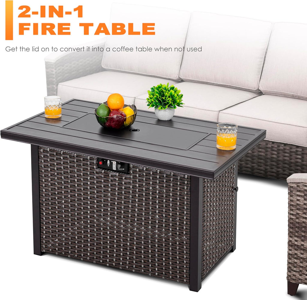 Nuu Garden 43' Propane Fire Pit Table, 50,000 BTU CSA Certified Outdoor Gas Fire Pit with Aluminum Tabletop, Removable Lid, 7 lbs Glass Rocks & Waterproof Oxford Cover, Brown