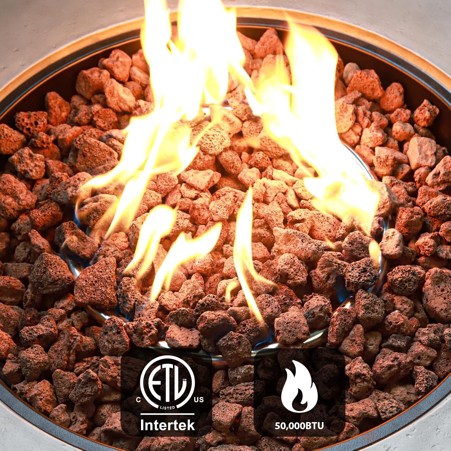 2-Piece Outdoor Propane Fire Pit Table Set w/Tank Cover Table, 36-inch 50,000 BTU Concrete Firepit SUS201 Round Burner with Steel Lid, Lava Rocks, Rain Cover