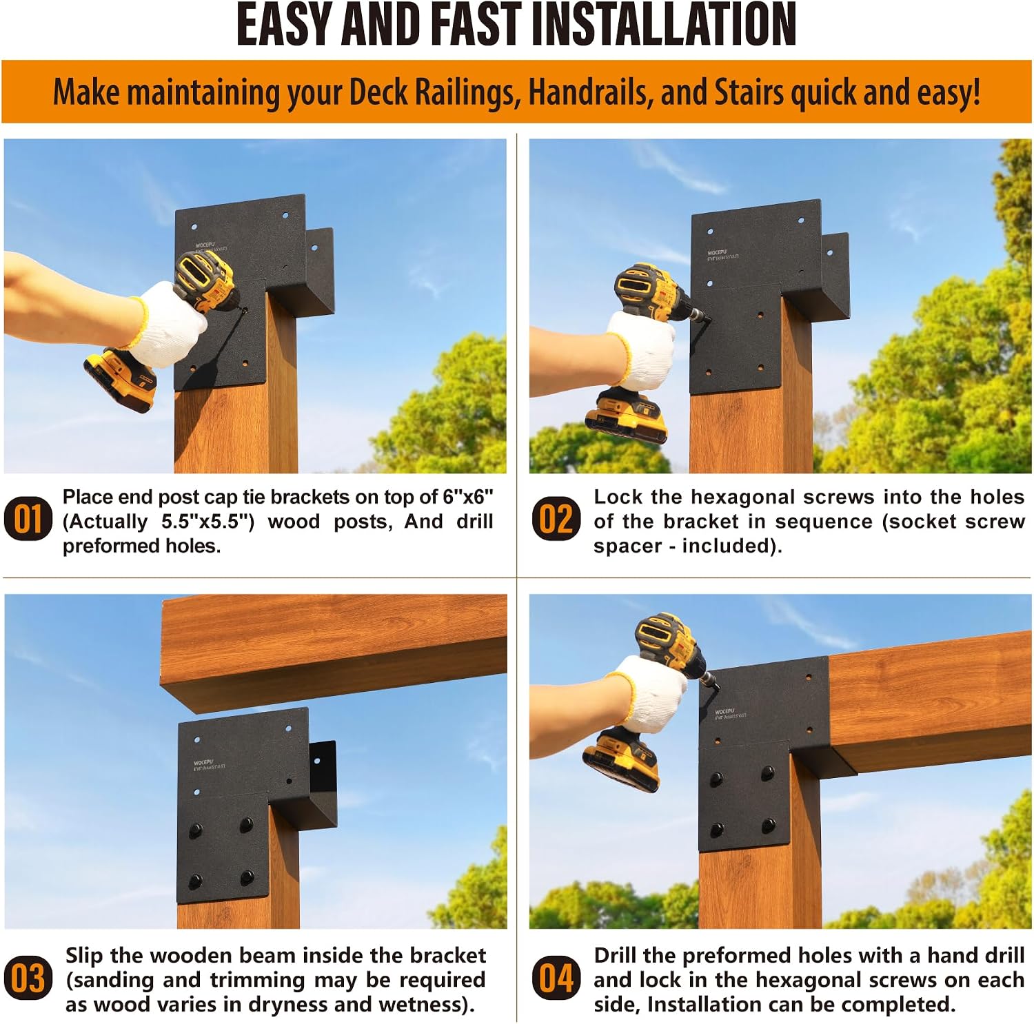 4 Pack Heavy Duty 6x6 (Actual 5.5'x5.5') Stainless Steel End Post Caps Tie Bracket , Fit Connecting Wood Gazebo, Deck Patio Post and Wood Beams Bracket (Dark Ggray)