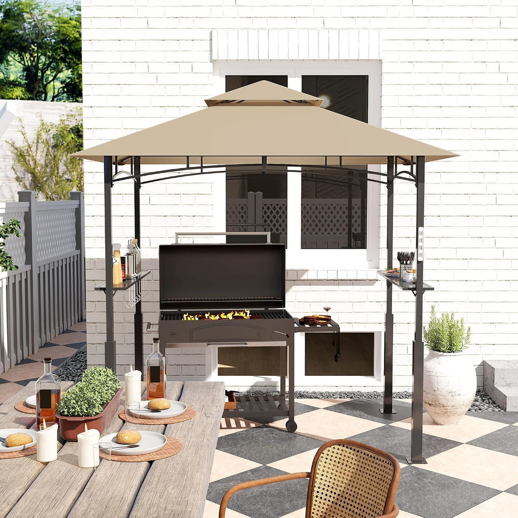 Outsunny 8' x 5' Grill Gazebo, Double Tiered Outdoor BBQ Gazebo with LED Light, 2 Side Shelves, Hooks and Bottle Opener for Patio Deck Yard, Khaki
