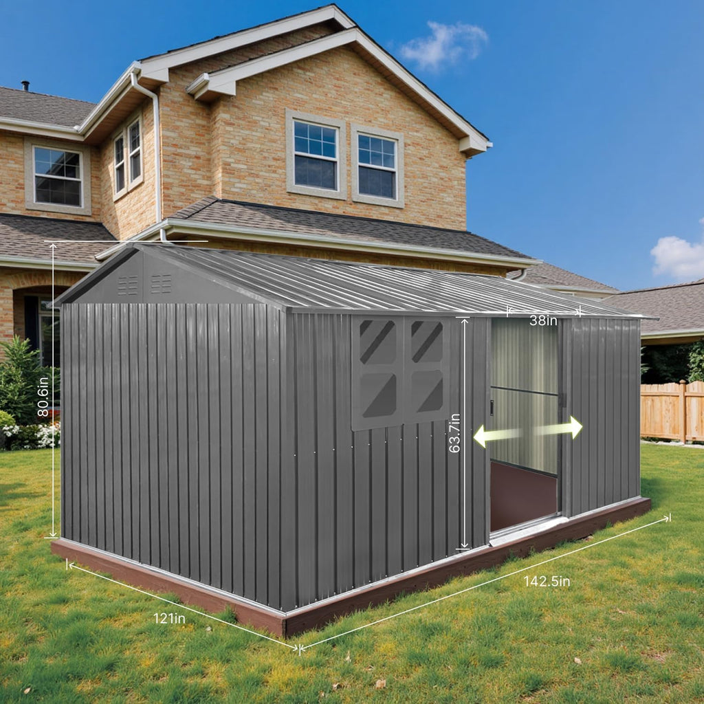 LINKHOO 12'x10' Metal Garden Shed，with Window & Sliding Door，Grey