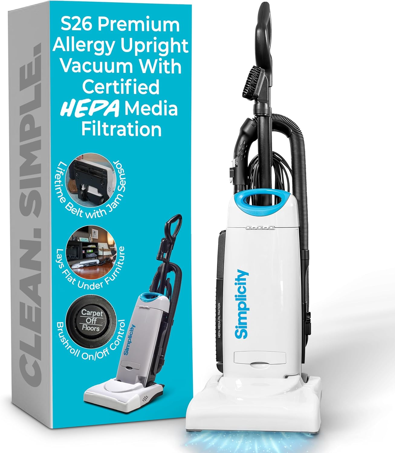 Premium Allergy Upright Vacuum Cleaner – Multi-Surface Bagged Vacuum Cleaner for Home with Charcoal HEPA Filter Media, Powerful Pet Hair Pickup, Brushroll Activation Switch, S26