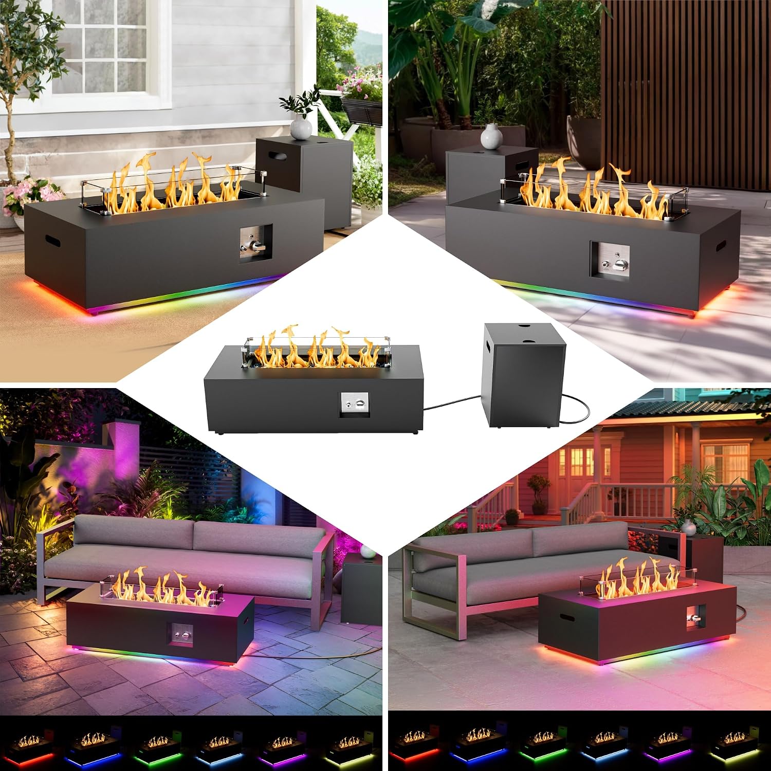 Dineli 2-Piece Outdoor Propane Fire Pit Table Set w Tank Table 42'' Rectangular Gas Fire Pits for Outside Patio 2-in-1 Table Fire Pit Tabletop w LED, 50,000 BTU (Black with RGB Light)