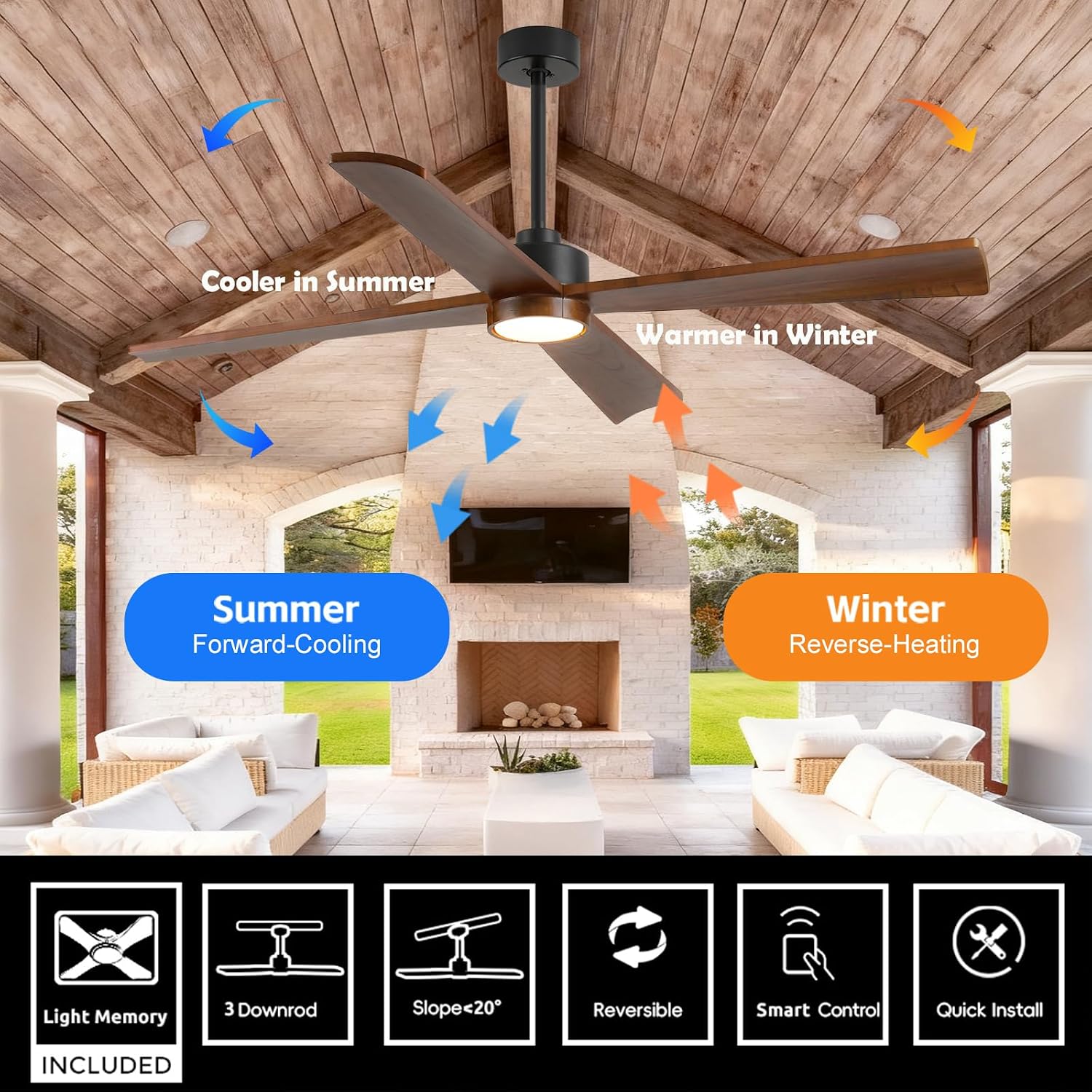 52 Inch Outdoor Ceiling Fan with Lights for Patio, Modern Rustic Farmhouse Smart Ceiling Fan, Solid Wood Blades, Reversible Energy Large Airflow with 3 Downrods for Bedroom Indoor Exterior Commercial