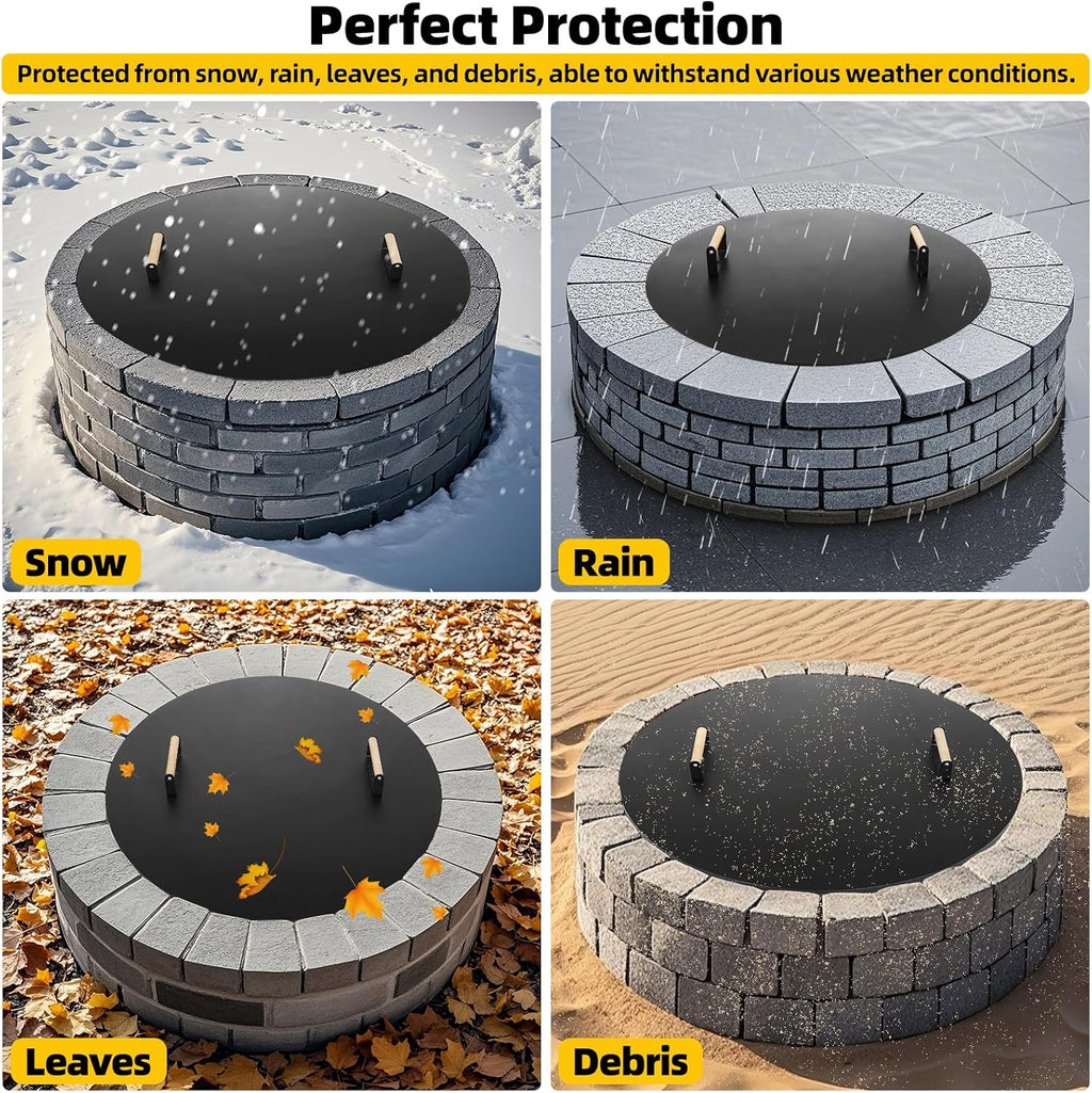 G GOOD GAIN Firepit Lid Round 38 Inch - Rust Resistant Fire Pit Lid Cover with Wooden Handle & Gloves, Fire Pit Snuffer Lid for Courtyards, Patio, Winter Cold Protection. Fits Fire Pits Up to 36'