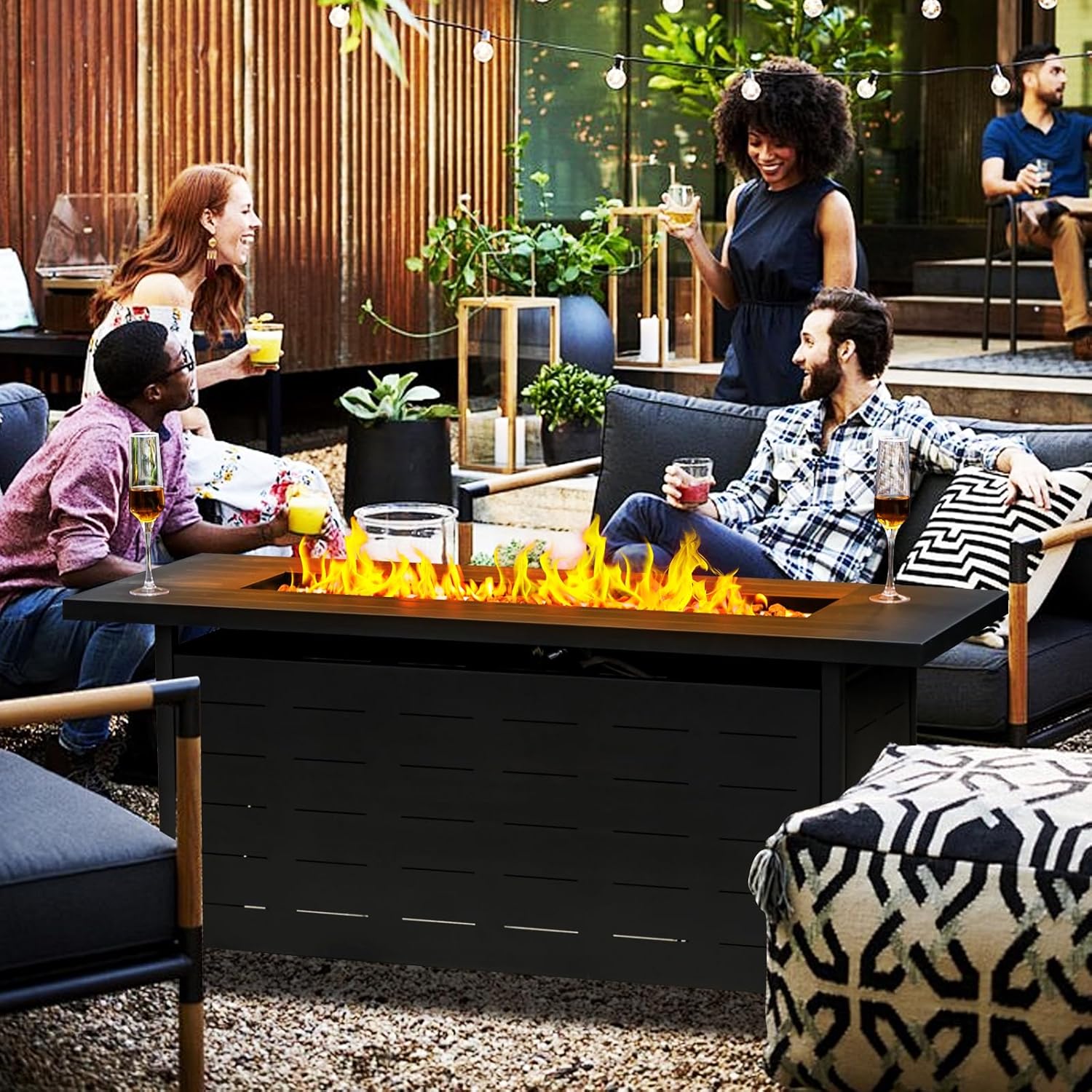 EcoNook 57 inch Propane Fire Pit Table,50000 BTU Gas Fire Pits Table with Lid & Lava Rock & Waterproof Cover, Outdoor Propane Firepit for Dining or Party, Outside, Patio, Garden, Yard