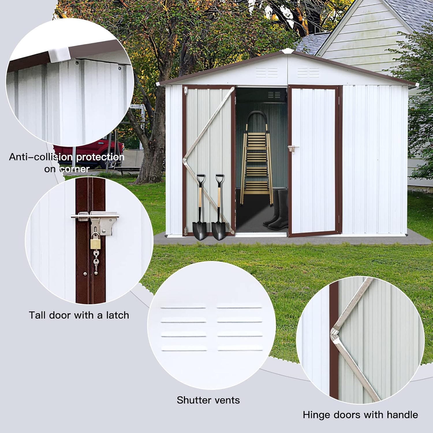 8x10 FT Metal Storage Shed, Outdoor Storage Shed with Apex Roof, Lockable Door for Garden, Backyard, Lawn, and Utility Shelter, Weather-Resistant, Easy to Set Up, White and Coffee