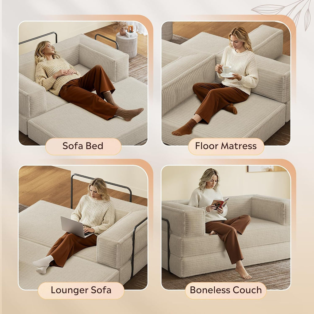 WLIVE 71'' Futon Sofa Bed, Convertible Sleeper Sofa, Folding Pull Out Couch Boneless Mattress with Fixed Frame, Corduroy, with Storage Pocket, Beige