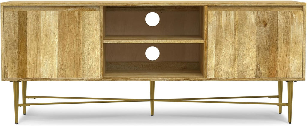 SIMPLIHOME Fallon SOLID MANGO WOOD 60 inch Wide Contemporary TV Media Stand in Natural For TVs up to 65 inches for the Living Room and Entertainment Center