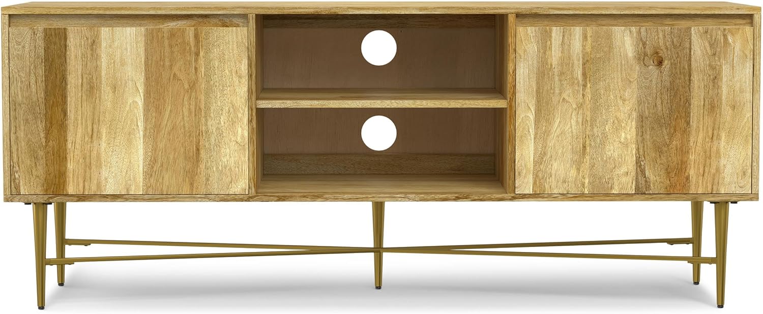 SIMPLIHOME Fallon SOLID MANGO WOOD 60 inch Wide Contemporary TV Media Stand in Natural For TVs up to 65 inches for the Living Room and Entertainment Center