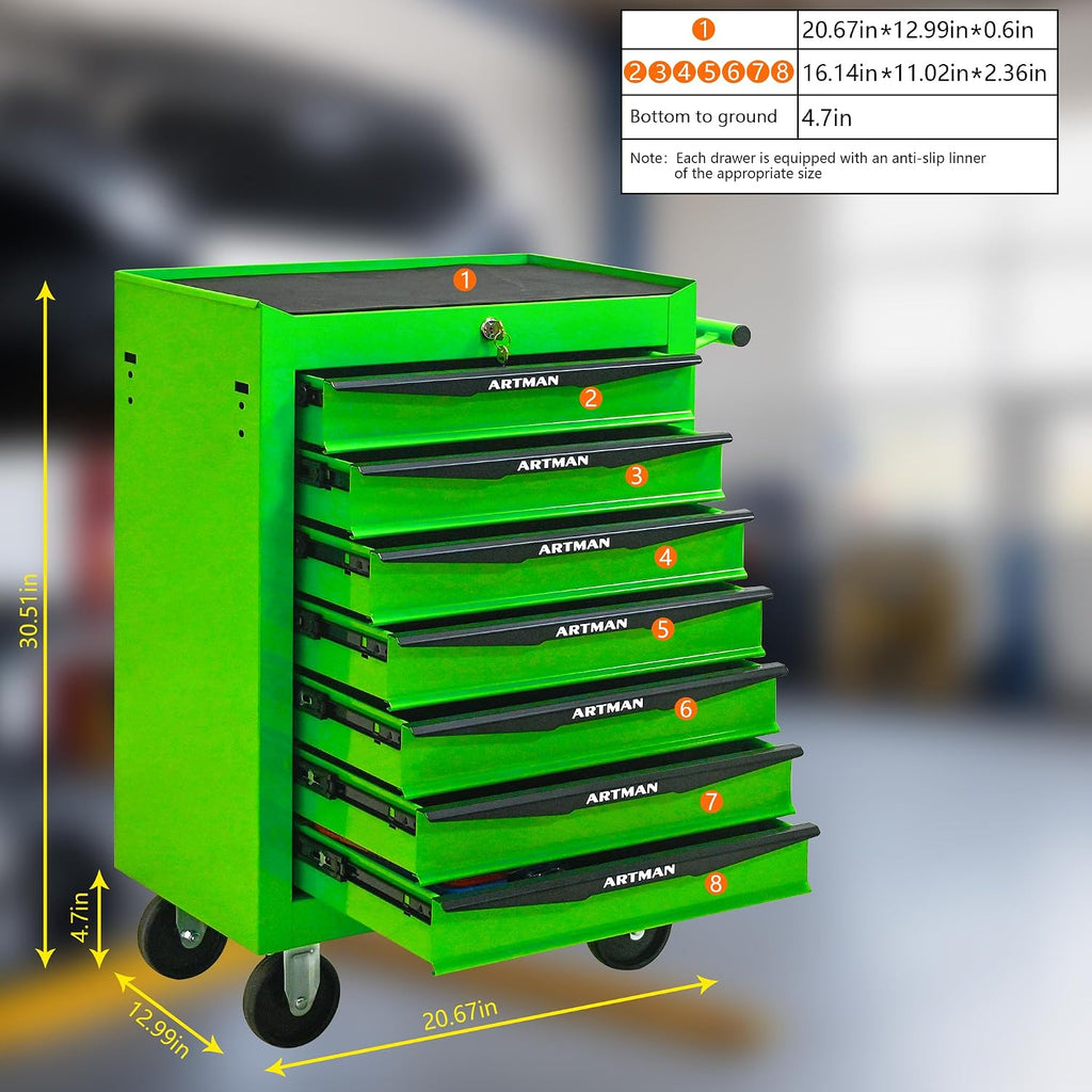 Rolling Tool Chest Cart with 7 Drawers,Storage Tool Cabinet on 4 Wheels. Lockable Tool Cart with Drawer Liners.Steel Tool Box Organizer for Garage,Repair Workshop-Green