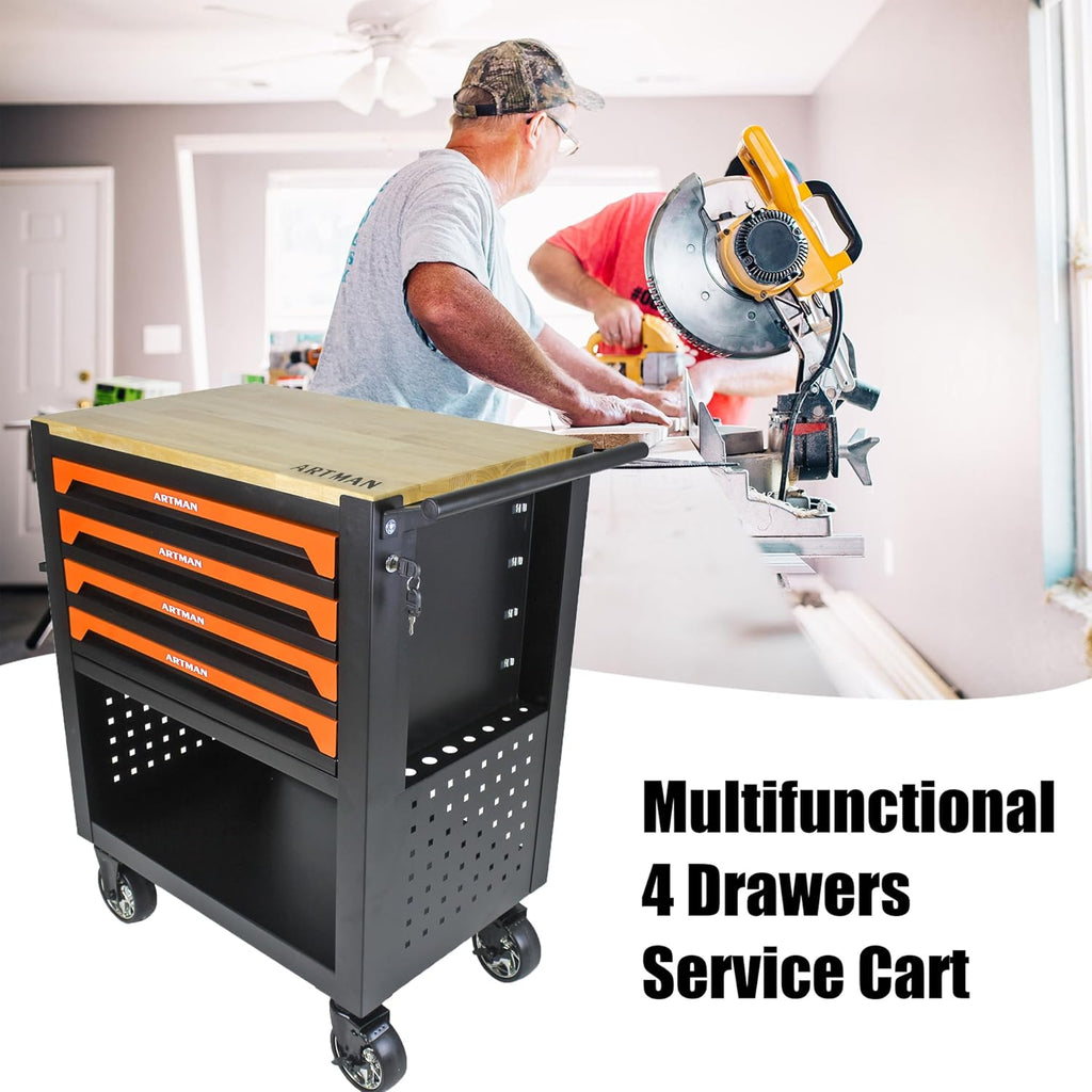 4 Drawers Tool Chest on Wheels,Tool Storage Cart with Wooden Top,Drawers Rolling Tool Box Organizer Tool Case with Lock for Garage,Warehouse,Workshop,Repair Shop (4 Drawers-35.4'H-Black&Orange)