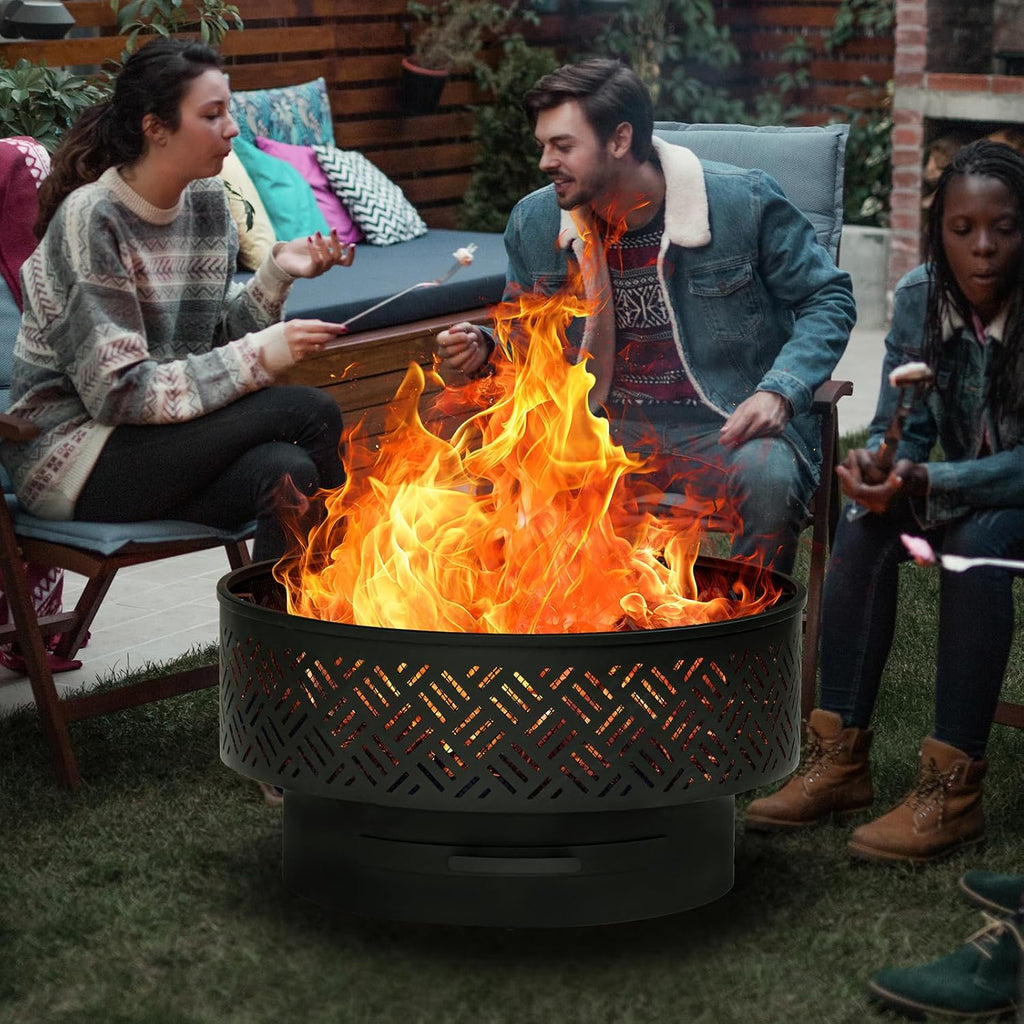 OutVue 32' Wood Burning Fire Pits with Grill & Lid, Fire Pit Table for Outside with Waterproof Cover & Fire Poker, Outdoor Firepit with Functions for BBQ,Table and Bonfire