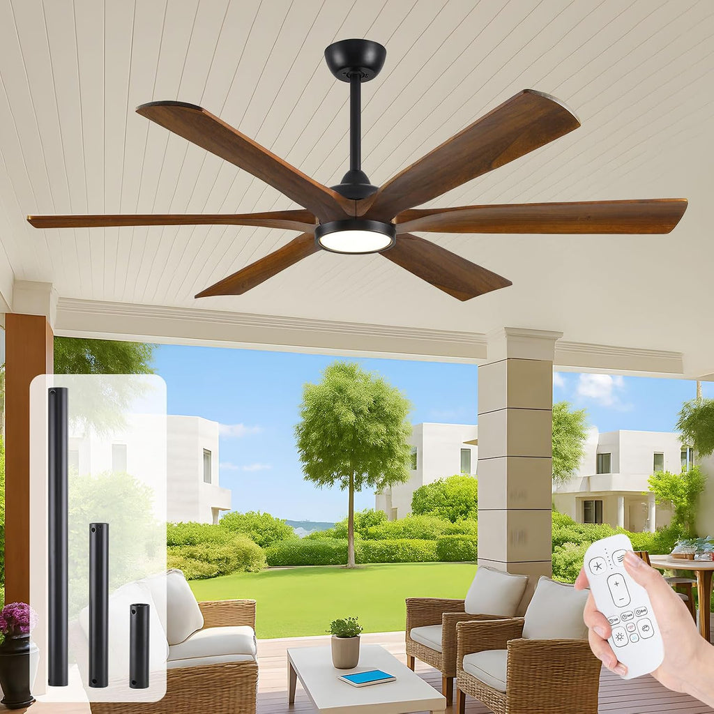 60 Inch Indoor Outdoor Ceiling Fan with Light and Remote - Modern Farmhouse Style, 6 Solid Wood Blades, High CFM Quiet Reversible Energy Efficient DC Motor, Damp-rated for Patios Porch Gazebo Garage