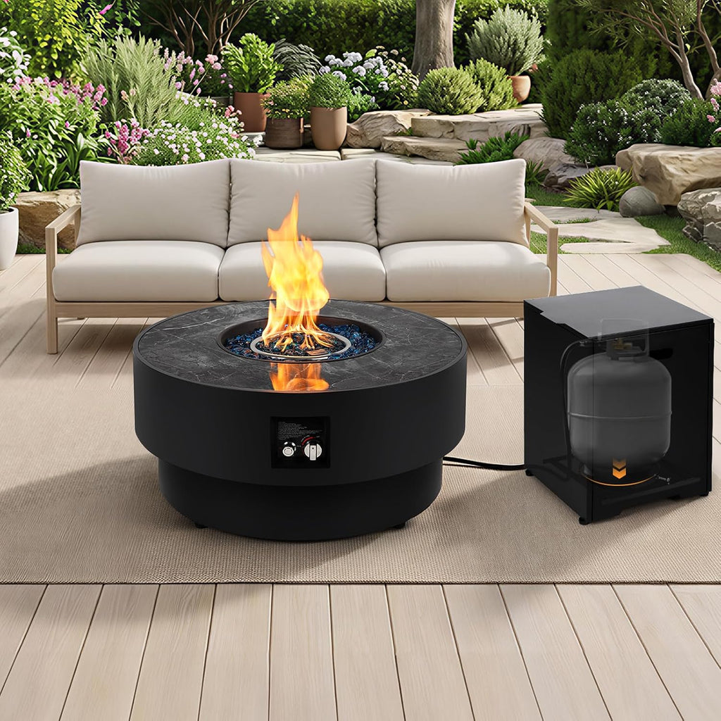 32' Outdoor Propane Fire Pit Table, 50,000 BTU Gas Fire Table with Tank Cover, Marble-Look Ceramic Top, Steel Lid, & Rain Cover, Round Patio Firepit for Backyard, Garden, Party