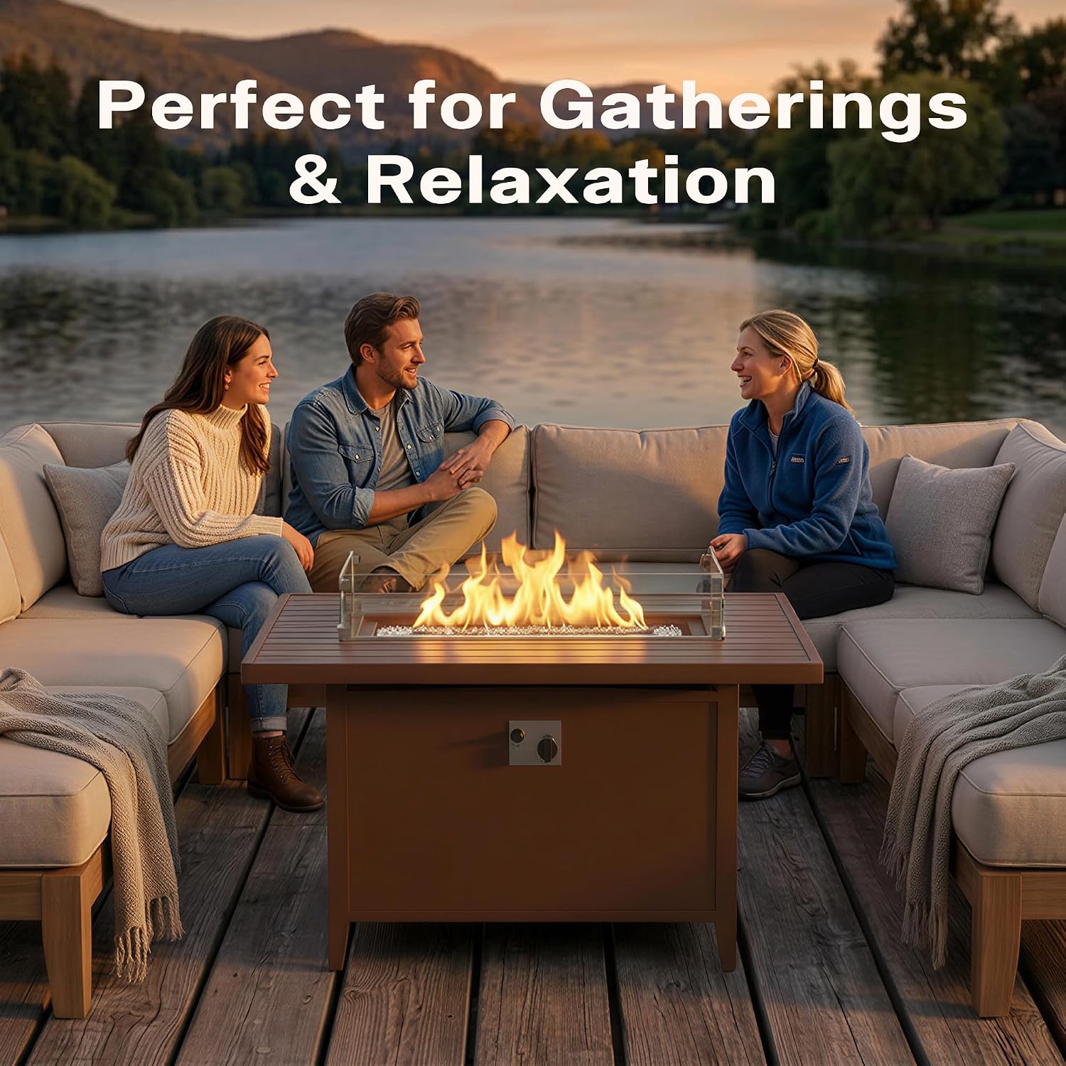 43' Aluminum Propane Fire Pit Table with 55,000 BTU, Rectangle Outdoor Gas Fire Table with Glass Wind Guard, Glass Stones & Waterproof Cover, Patio Fire Table for Backyard, Deck, Garden, Brown