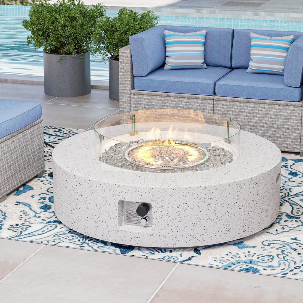 COSIEST Outdoor Propane Fire Pit Coffee Table w Terrazzo White 42 inch Round Base Patio Heater, Certified, 50,000 BTU Stainless Steel Burner, Wind Guard, Transparent Gray Fire Glass, Rain Cover