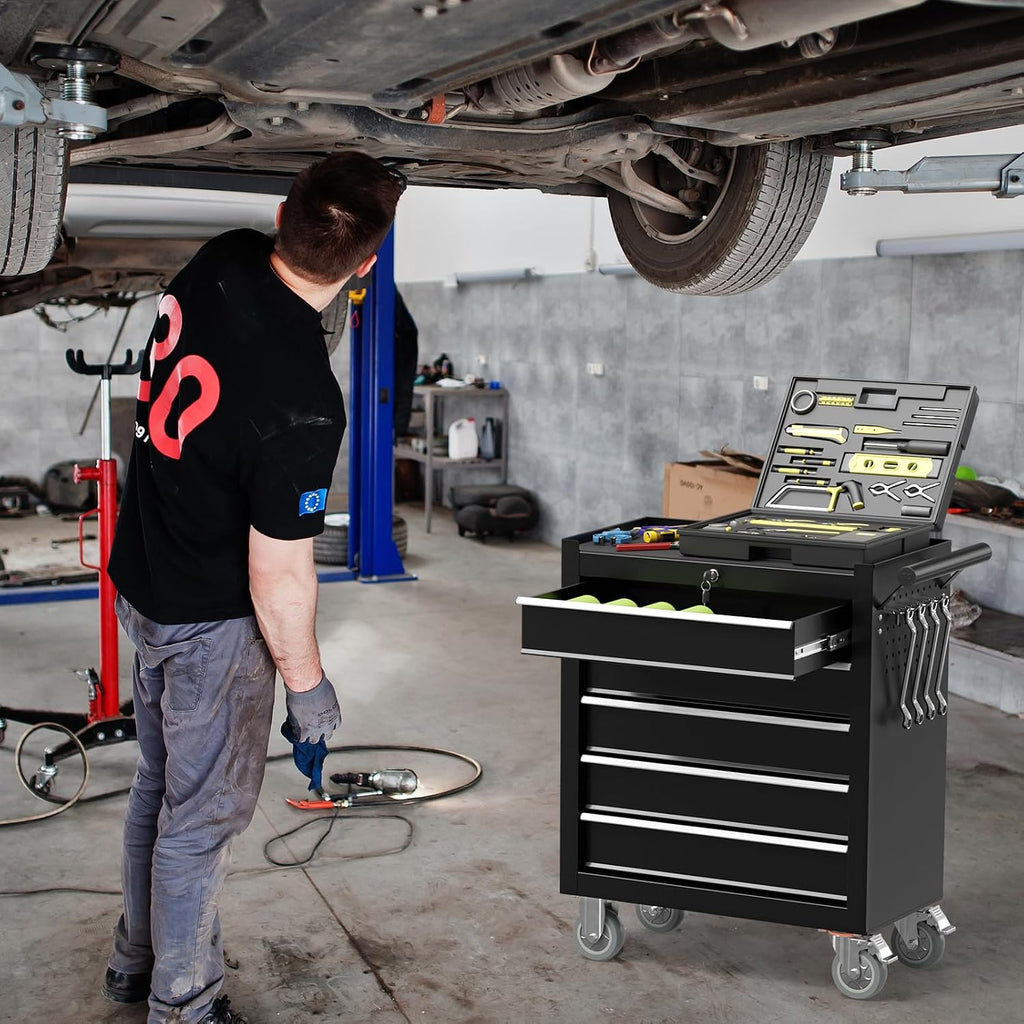 5 Drawers Metal Rolling Tool Chest, Portable Storage Tool Box with Wheels, Toolbox with Lock for Warehouse, Garage, Repair Shop and Tool Room
