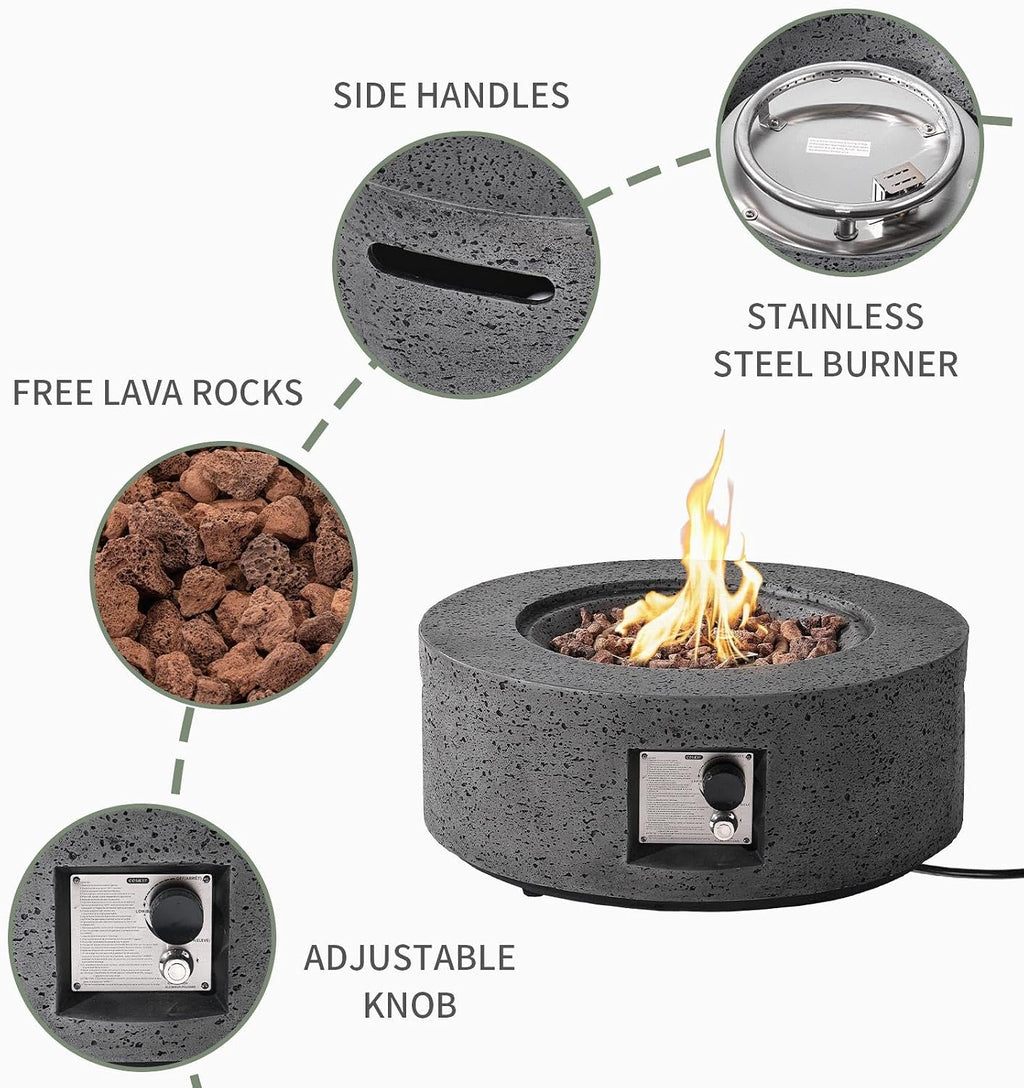 SUNBURY Outdoor Travertine Fire Pit Table, 28 inches Round Propane Gas Patio Fire Pit 40,000 BTU Concrete, Circular Base Small Firepit with Lava Rocks, Waterproof Cover (Grey)