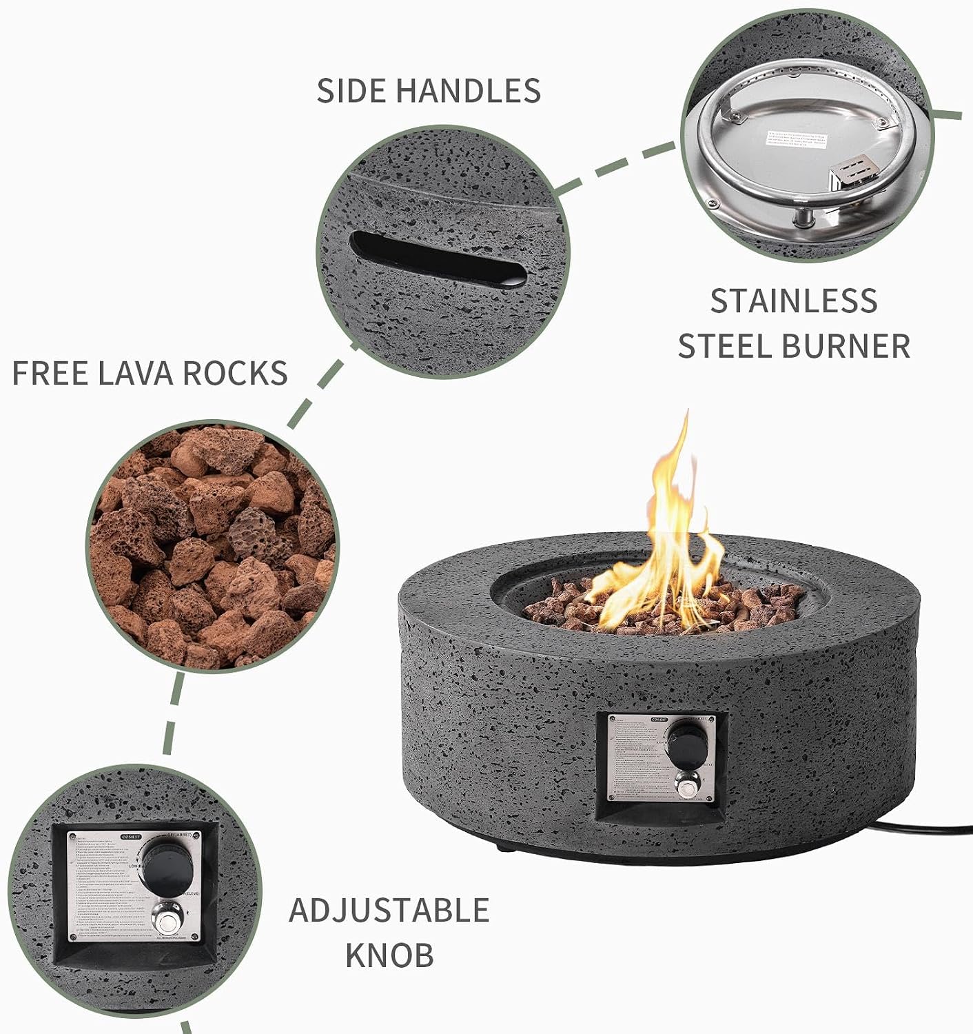 SUNBURY Outdoor Travertine Fire Pit Table, 28 inches Round Propane Gas Patio Fire Pit 40,000 BTU Concrete, Circular Base Small Firepit with Lava Rocks, Waterproof Cover (Grey)