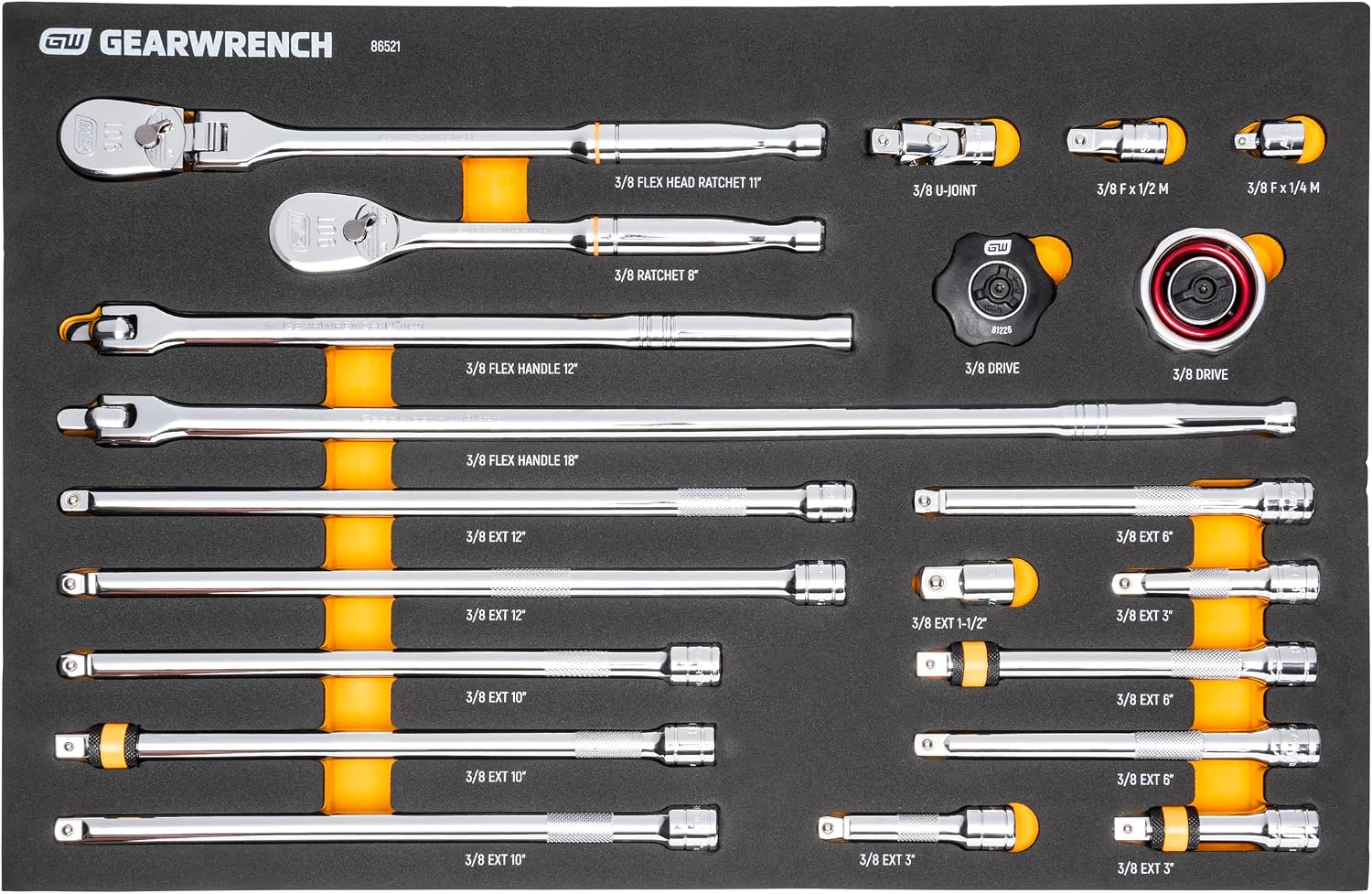 GEARWRENCH 21 Piece 3/8' 90T Ratchet & Drive Tool Set with EVA Foam Tray - 86521
