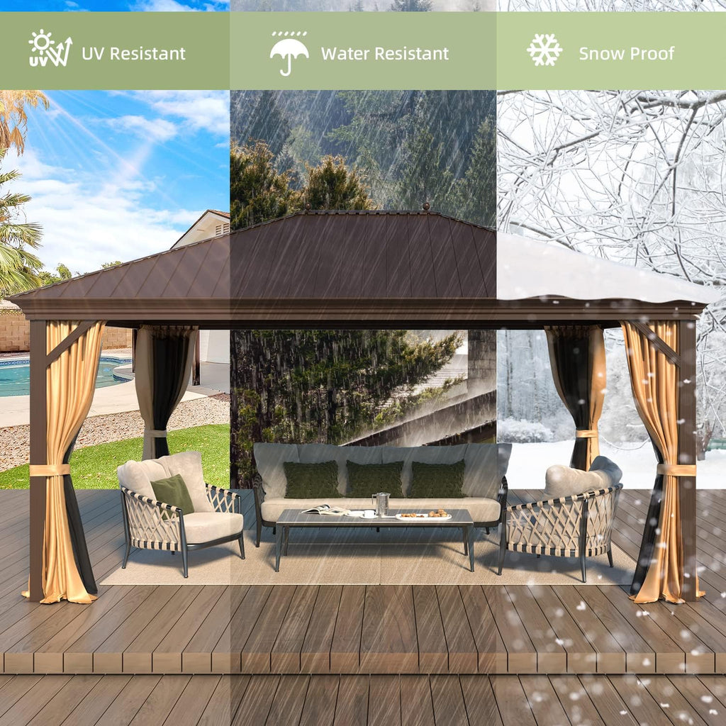 YOLENY 12' X 16' Hardtop Gazebo Galvanized Steel Outdoor Patio Canopy Permanent Gazebos with Single Roof Aluminum Frame, Netting & Curtains for Garden, Patio, Lawns, Deck