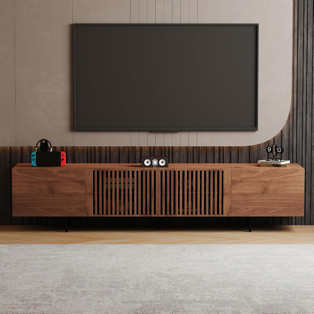 94.48' Mid-Century Modern TV Stand, Walnut Media Console with 4 Storage Cabinets, Entertainment Center for TVs up to 100 Inches, Ideal for Living Room or Bedroom