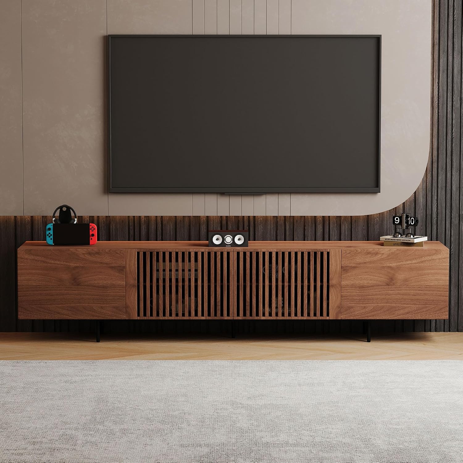 94.48' Mid-Century Modern TV Stand, Walnut Media Console with 4 Storage Cabinets, Entertainment Center for TVs up to 100 Inches, Ideal for Living Room or Bedroom