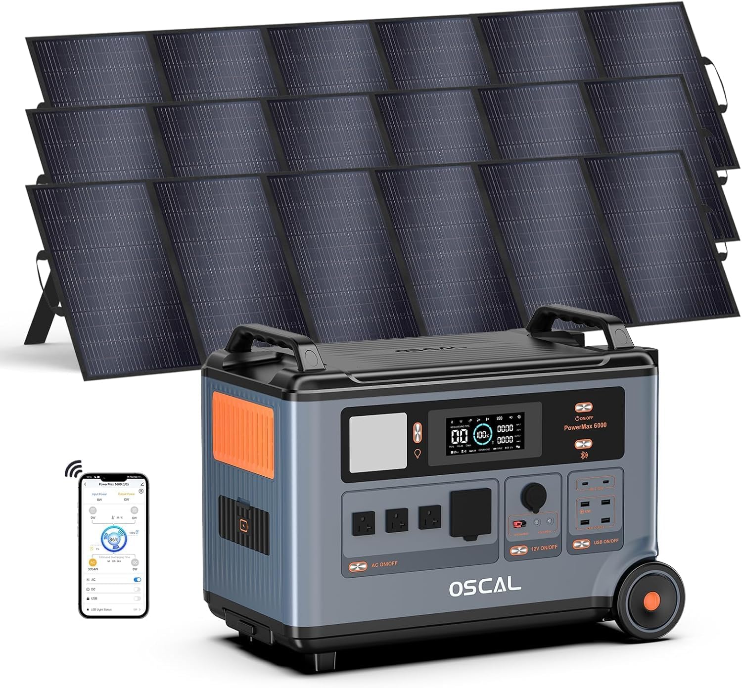 OSCAL PowerMax 6000 Solar Generator with 3x500W Solar Panel, 6000W Power Station with 4 AC Outlets (9000W Peak), 1H Full Charging, APP Control Emergency Power Station for Home, RVs