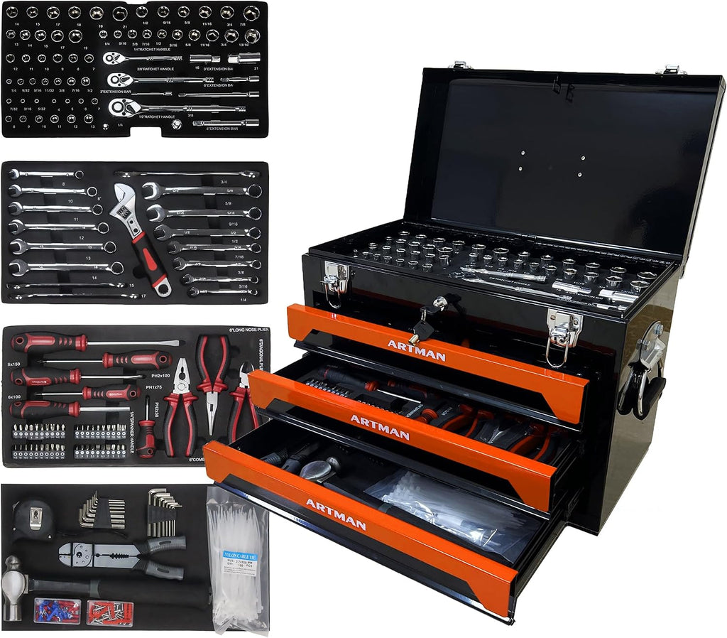 Campfun 439PCS Tool Set, Mechanic Tool Set for Home, Tool Box Set 4-Tier Socket Wrench Ratchet Plier Nails, Home Tool Set Mechanics Kit with 3 Drawers Organizer for Adults Man Handyman, Orange