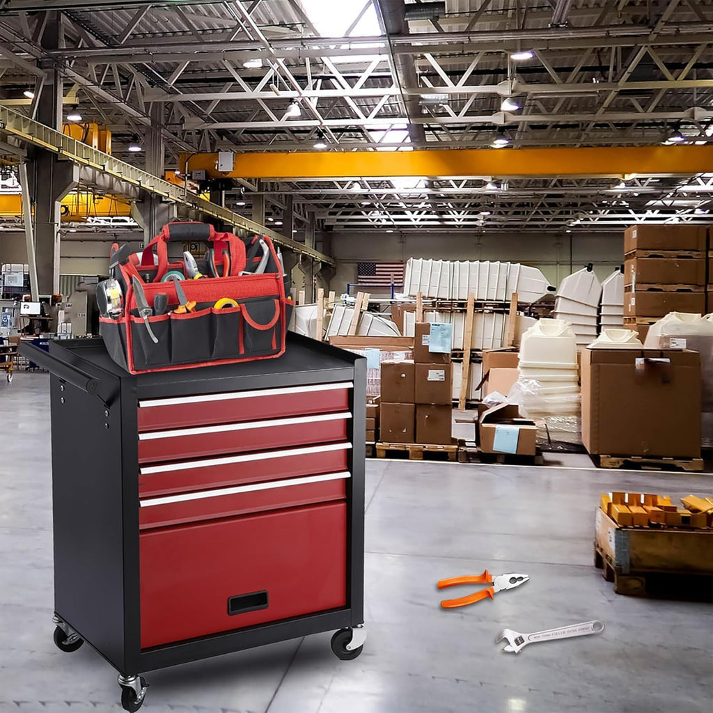 4 Drawers Metal Rolling Tool Chest on Wheels, Lockable Organizer ToolBox Tool Cart with 1 Cabinet, Multifunctional Large Capacity Trolley Tool Storage Case for Garages & Repair Shop (Black+Red)
