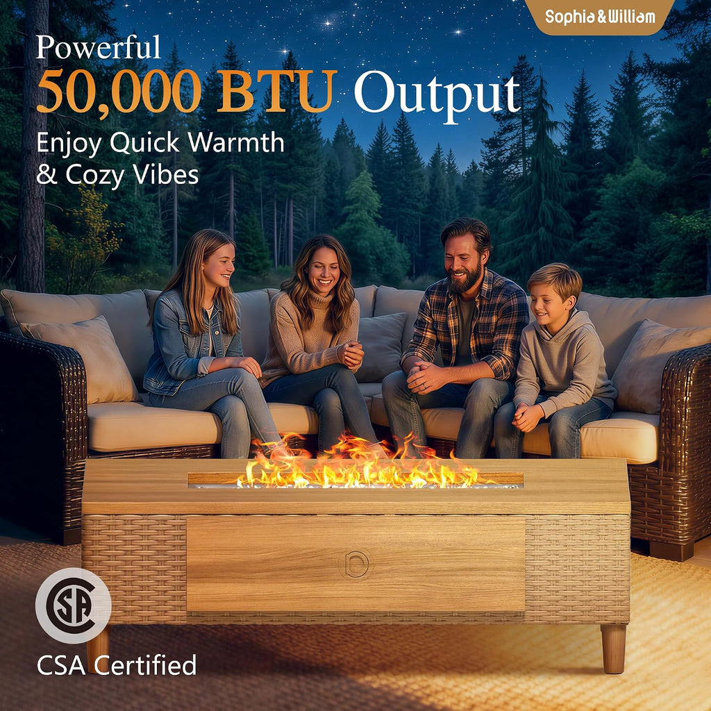 Sophia & William 42 Inch Outdoor Propane Gas Fire Pit Table Patio Rattan Rectangular Fire Table with Tank Cover Table, 50,000 BTU Firepit Table for Outside Patio with Fire Glass, Lid