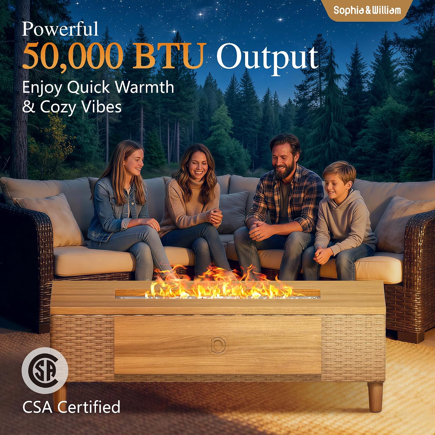 Sophia & William 42 Inch Outdoor Propane Gas Fire Pit Table Patio Rattan Rectangular Fire Table with Tank Cover Table, 50,000 BTU Firepit Table for Outside Patio with Fire Glass, Lid