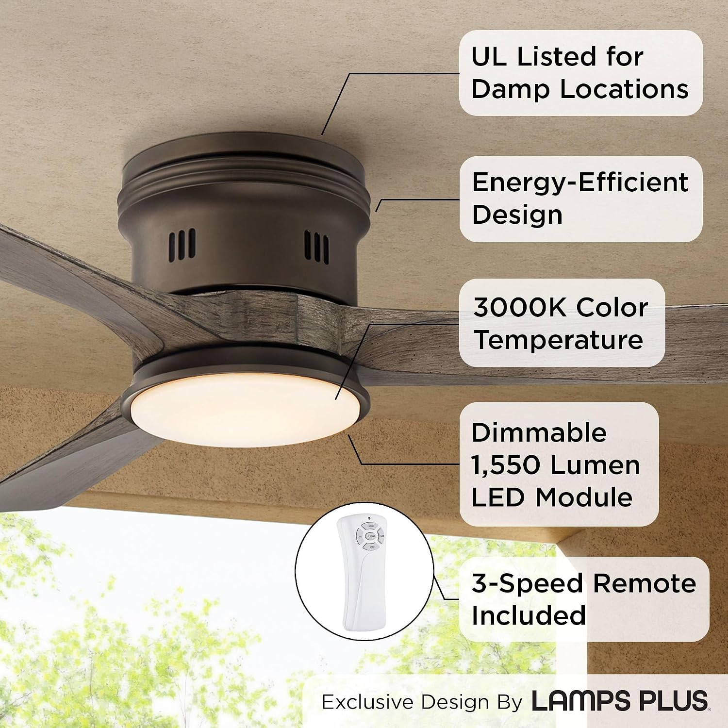 Casa Vieja 54' Salerno Modern Industrial Hugger Low Profile 3 Blade Indoor Outdoor Ceiling Fan with Light LED Remote Bronze Wood Opal Glass Damp Rated for Cottage Core Patio Exterior House Porch