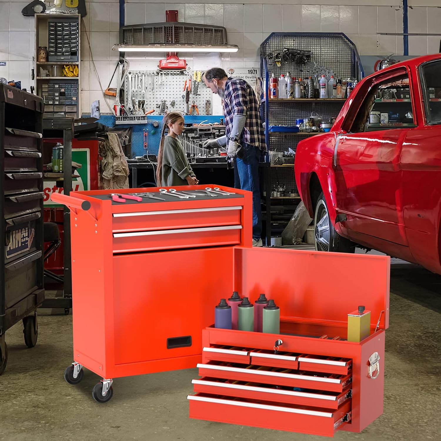 Go Big 8-Drawers Tool Chest Tool Box, Rolling Tool Chest with Wheels, Rolling Tool Box with Wheels, Garage Tool Storage Cabinet on Wheels, Locking System Toolbox(Red)