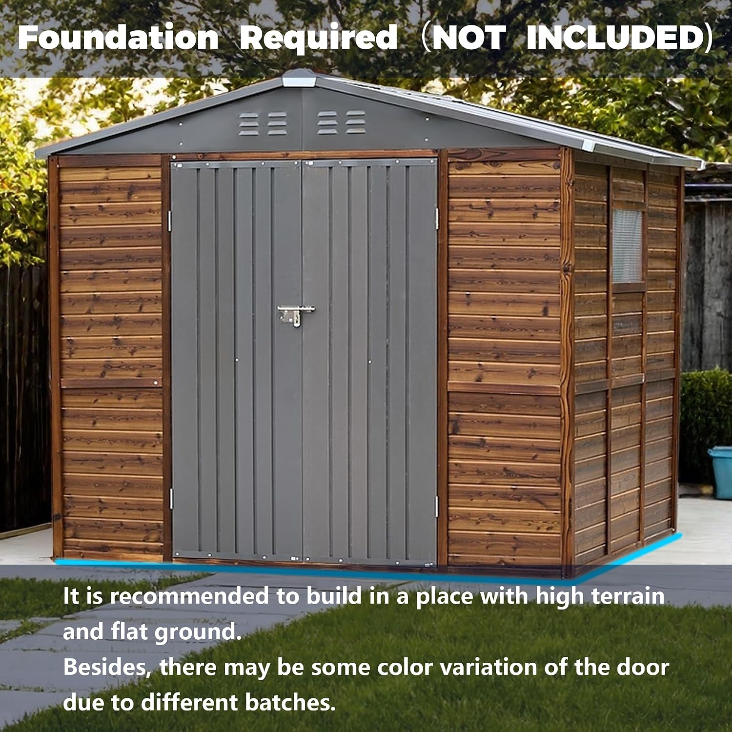 6x8 FT Outdoor Tool Shed, Wood-Iron Combination Storage Shed with Ventilation, Weather-Resistant Roof, Lockable Doors & Wood Grain Finish for Backyard and Garden