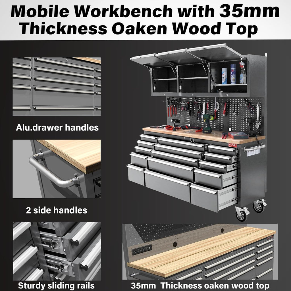 HAUTMEC 72' Rolling Tool Chest, Heavy-Duty Tool Cabinet with Wheels, Garage Workbench with 15 Drawers, 3 Upper Cabinets, Pegboard & 51 Hooks, Oak Worktop & Power Strip – HT0428