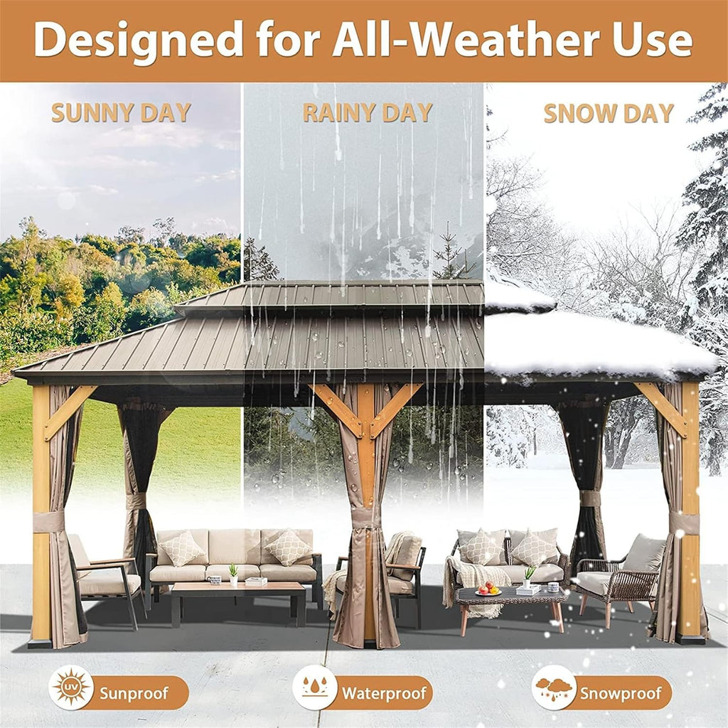 12'x20' Hardtop Gazebo with Cedar Wood Frame, Outdoor Wood Gazebo with Galvanized Steel Double Roof, Permanent Metal Roof Gazebo with Curtains and Netting for Patio, Backyard and Lawn(Brown)