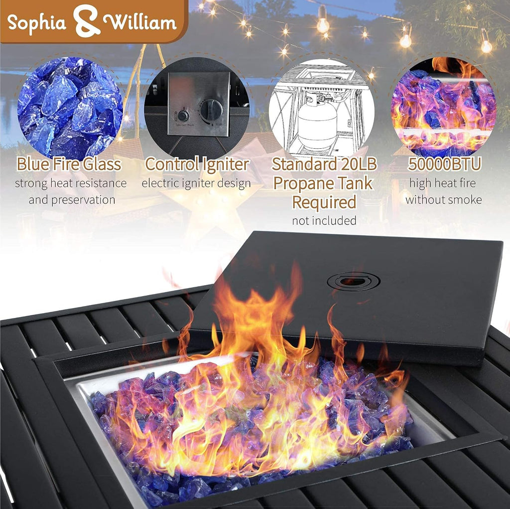 Sophia & William Gas Fire Pit Table 28 Inch 50,000BTU Square Outdoor Propane FirePits 2 in 1 Auto-Ignition Patio Fireplace for Outside with Lid and Blue Fire Glass, Black